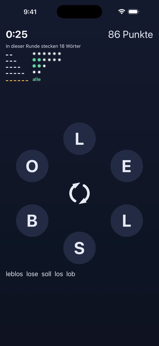 Screenshot: eine laufende Runde mit den sechs Buchstaben im Buchstabenkreis