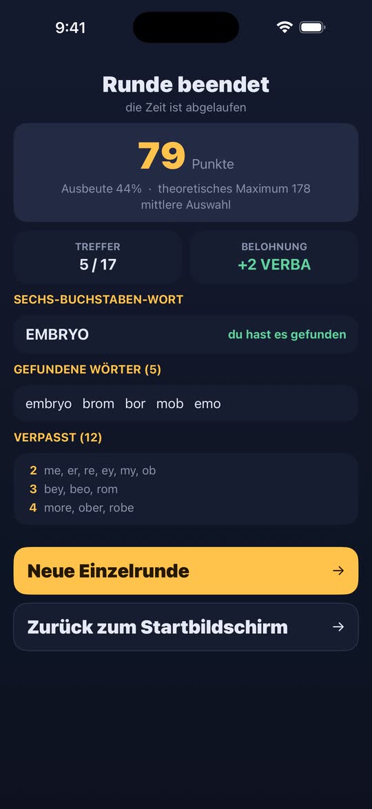 Screenshot: das Ende einer Runde mit den gefundenen und den entgangenen Wörtern