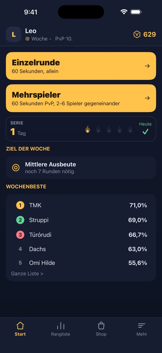 Screenshot: die Startseite mit den Spielmodi und dem Wochenziel