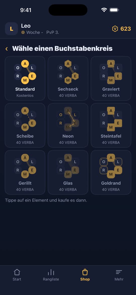 Screenshot: die wählbaren Buchstabenkreis-Stile