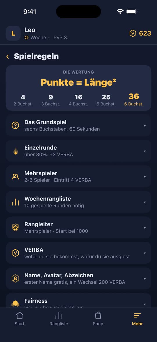 Screenshot: die Spielregeln mit der Punktetabelle