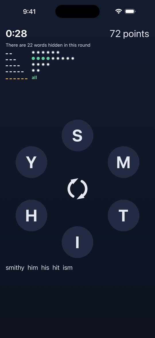 Screenshot: a round in progress, with the six letters in the letter ring