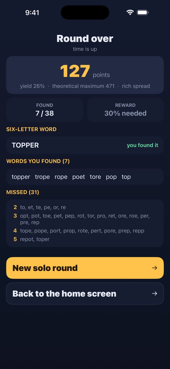 Screenshot: the end of a round, with the words found and missed