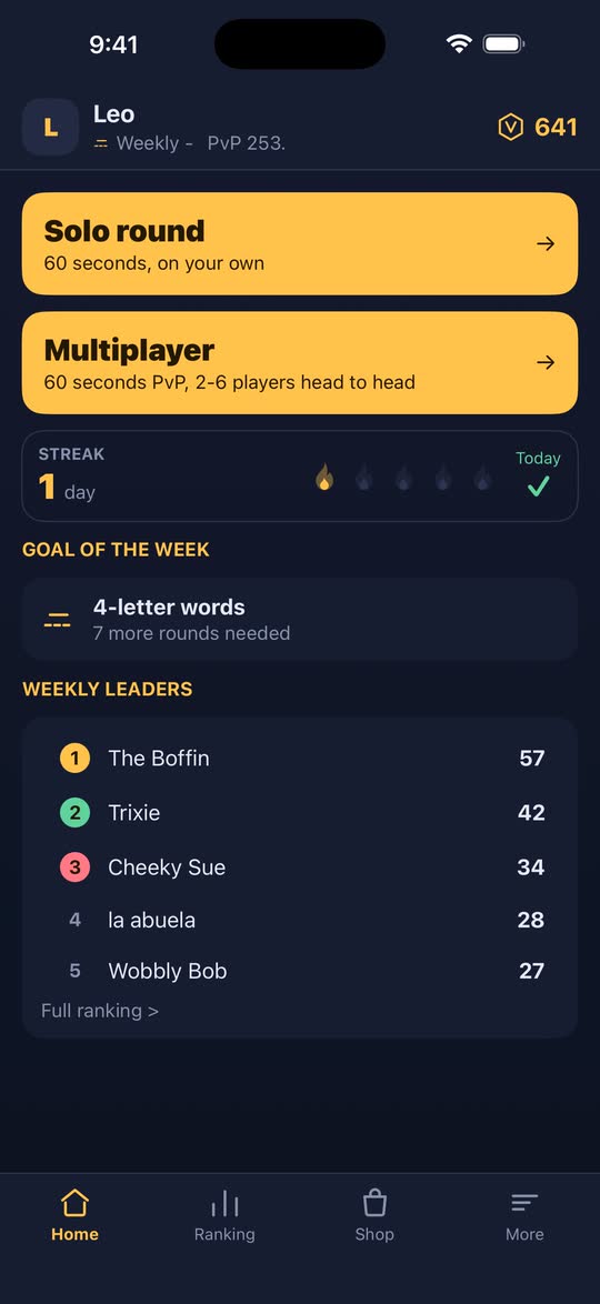 Screenshot: the home screen with the game modes and the weekly goal