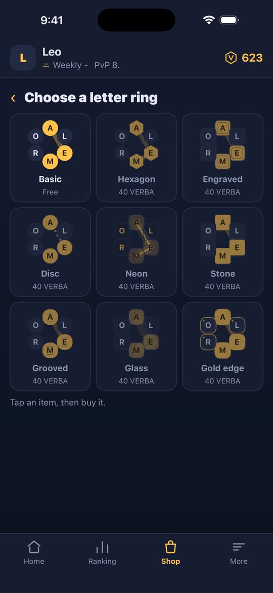 Screenshot: the letter ring styles you can choose from