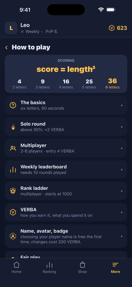 Screenshot: the game rules, with the scoring table