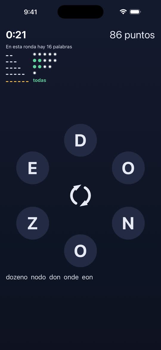 Captura de pantalla: una ronda en curso, con las seis letras en el círculo