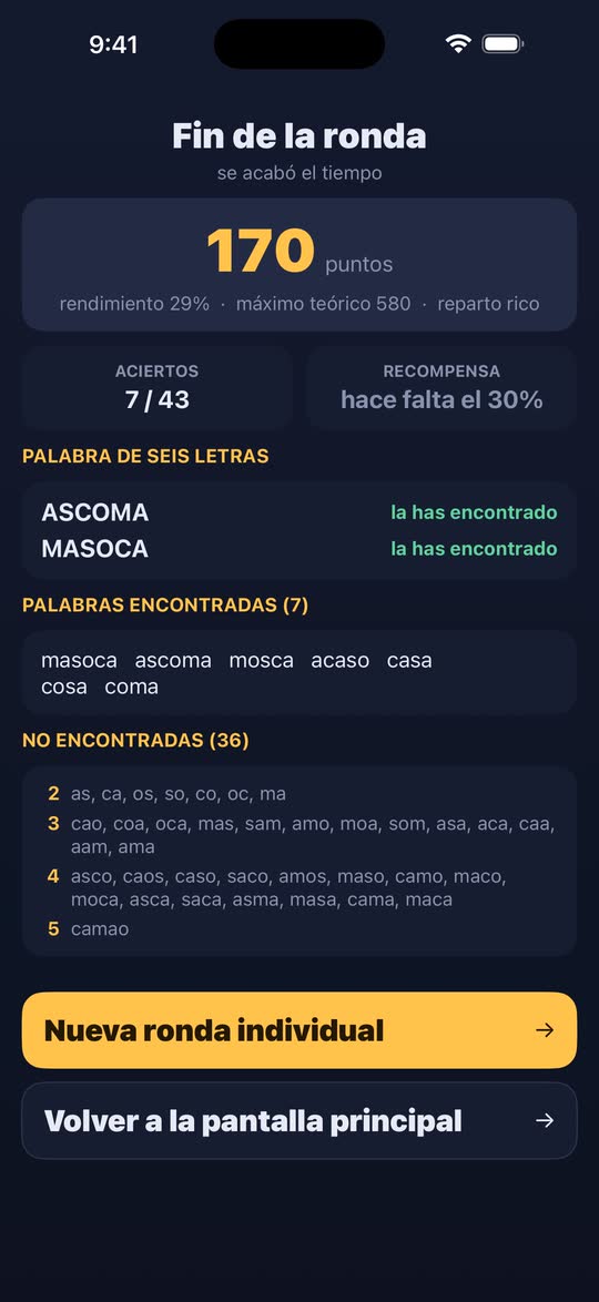Captura de pantalla: el final de una ronda, con las palabras encontradas y las que se escaparon