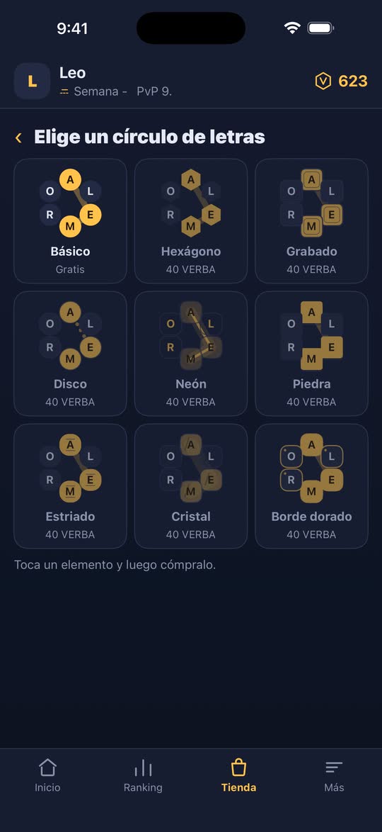 Captura de pantalla: los estilos del círculo de letras que puedes elegir