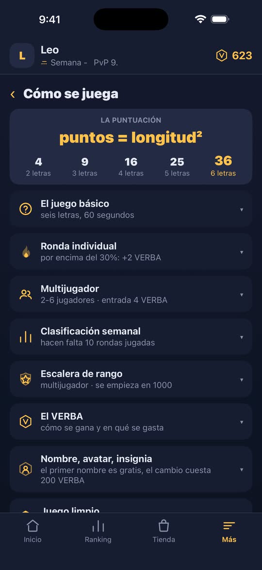 Captura de pantalla: las reglas del juego, con la tabla de puntuación