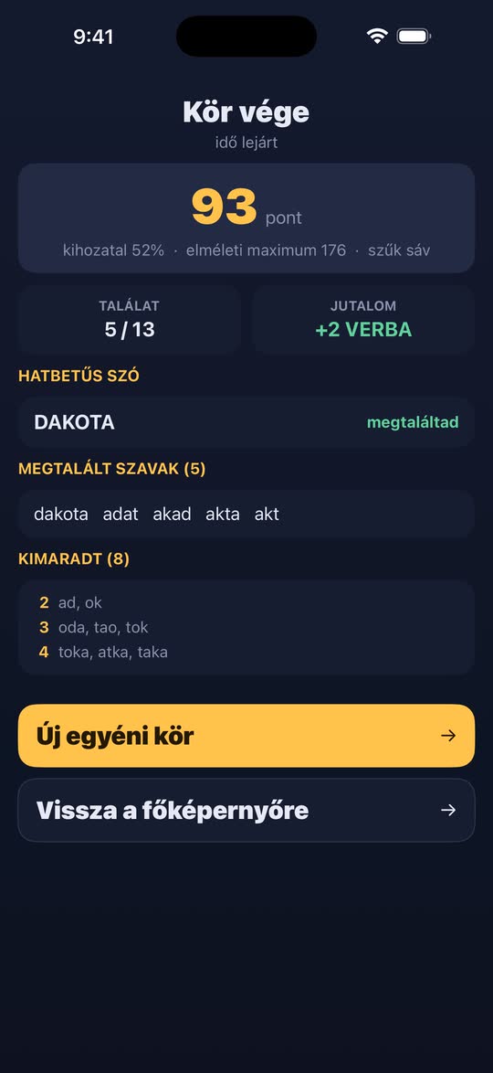 Képernyőkép: a kör vége, a megtalált és a kimaradt szavakkal