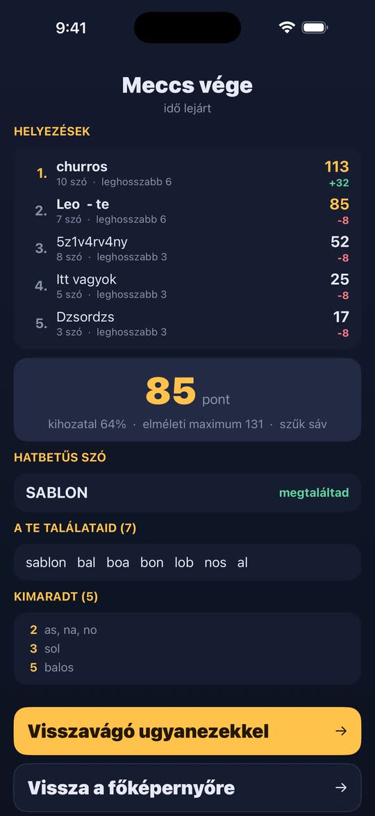 Képernyőkép: egy többjátékos meccs végeredménye