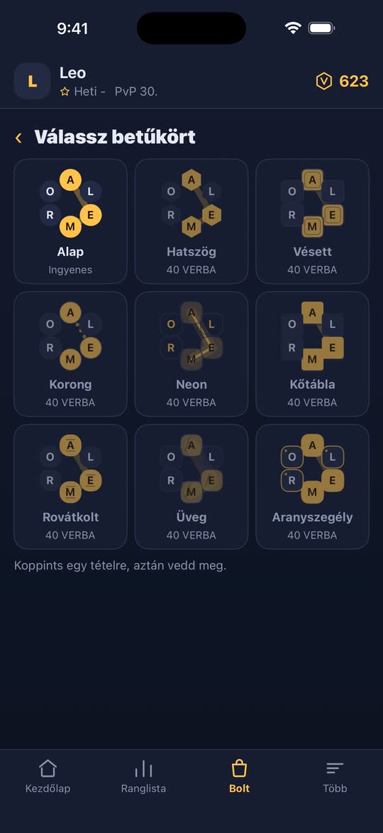 Képernyőkép: a választható betűkör-stílusok