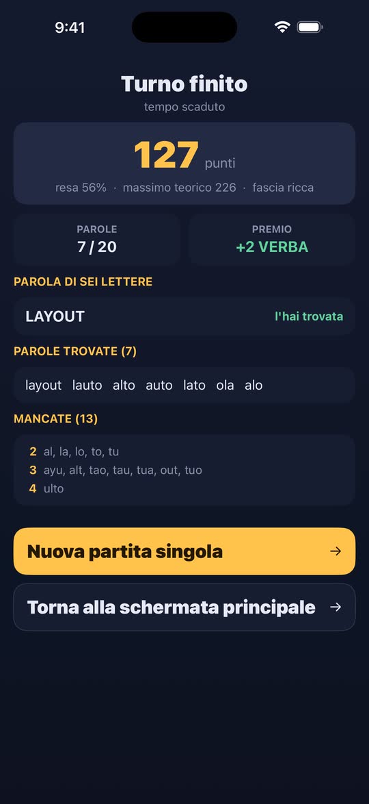 Screenshot: la fine di un turno, con le parole trovate e quelle sfuggite