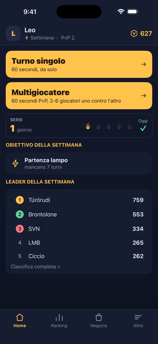 Screenshot: la schermata iniziale con le modalità di gioco e l'obiettivo della settimana
