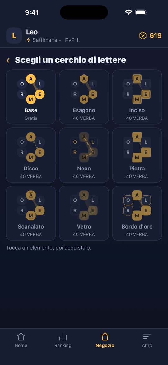 Screenshot: gli stili del cerchio di lettere tra cui scegliere