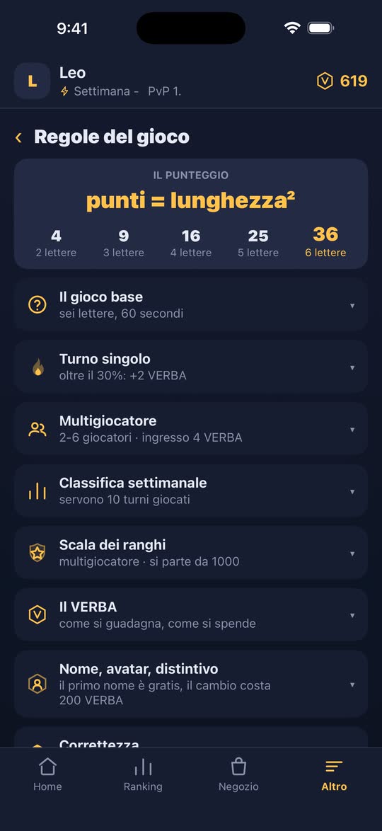 Screenshot: le regole del gioco, con la tabella dei punteggi